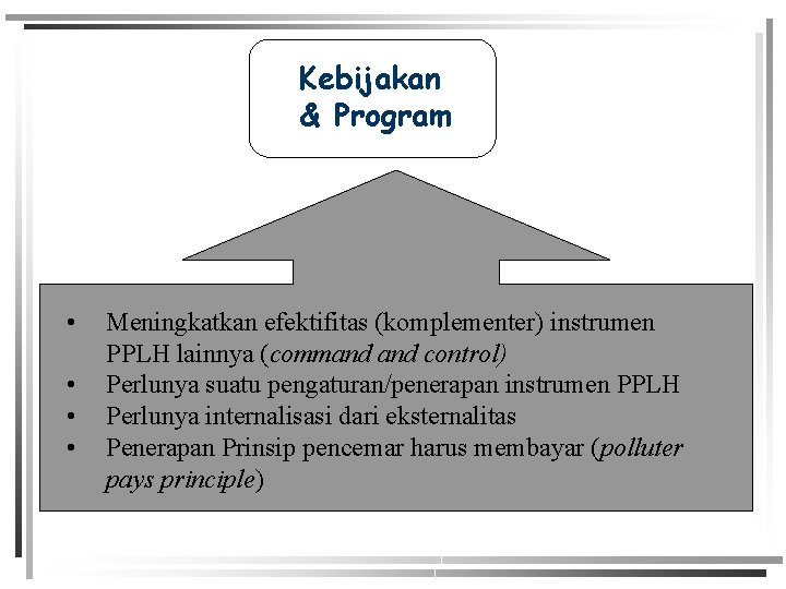 Kebijakan & Program • • Meningkatkan efektifitas (komplementer) instrumen PPLH lainnya (command control) Perlunya