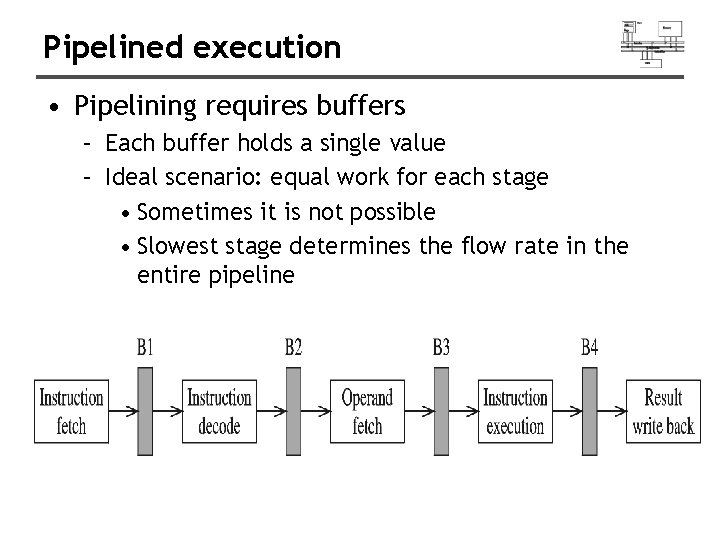 Pipelined execution • Pipelining requires buffers – Each buffer holds a single value –