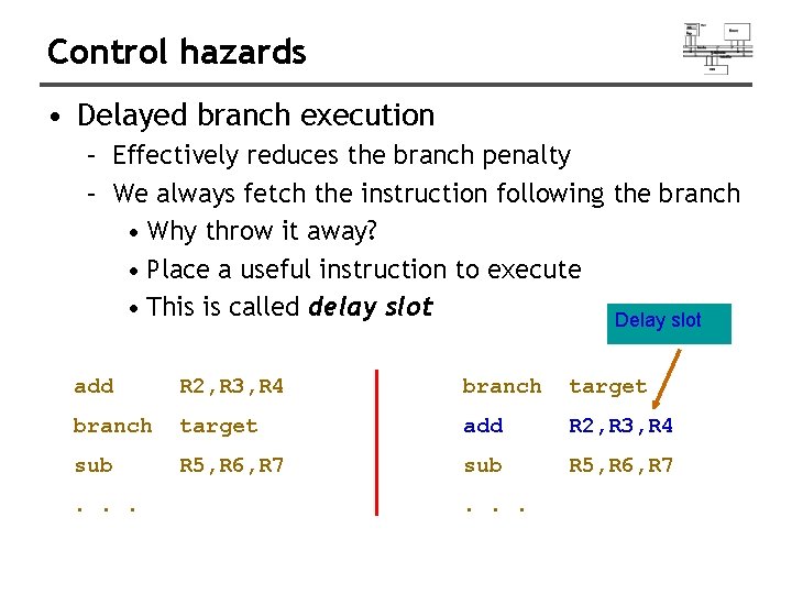Control hazards • Delayed branch execution – Effectively reduces the branch penalty – We