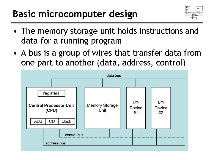 Basic microcomputer design • The memory storage unit holds instructions and data for a