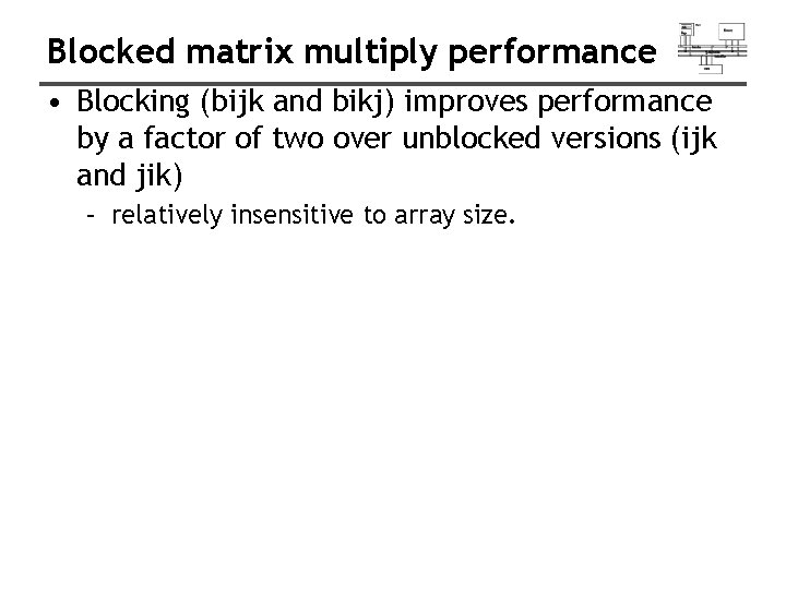 Blocked matrix multiply performance • Blocking (bijk and bikj) improves performance by a factor