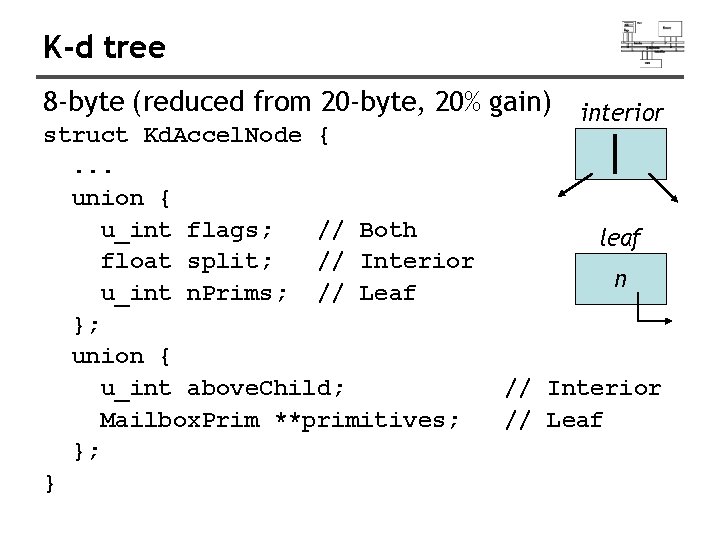 K-d tree 8 -byte (reduced from 20 -byte, 20% gain) struct Kd. Accel. Node