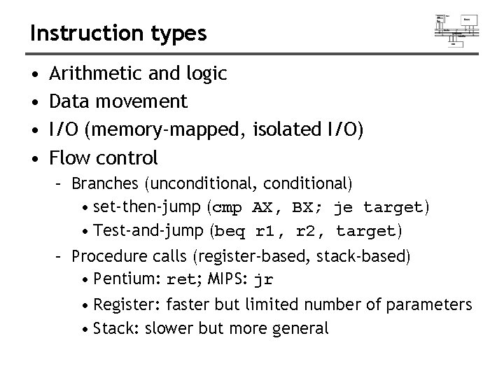 Instruction types • • Arithmetic and logic Data movement I/O (memory-mapped, isolated I/O) Flow