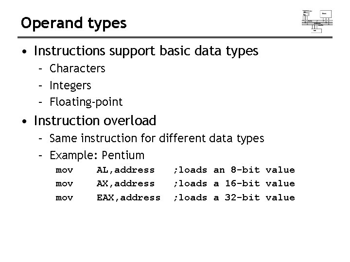 Operand types • Instructions support basic data types – Characters – Integers – Floating-point