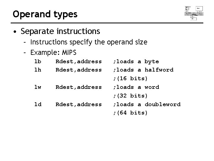 Operand types • Separate instructions – Instructions specify the operand size – Example: MIPS