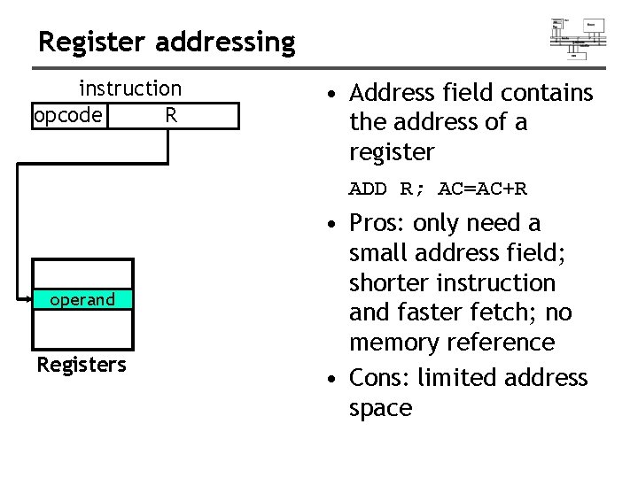 Register addressing instruction opcode R • Address field contains the address of a register