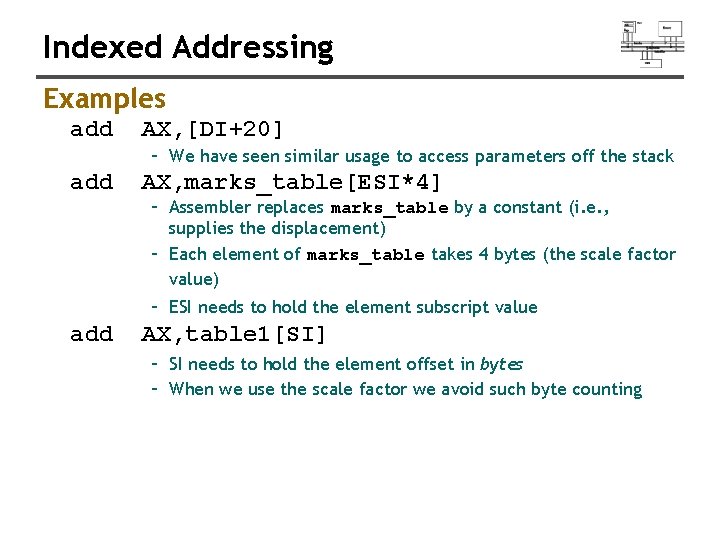 Indexed Addressing Examples add AX, [DI+20] – We have seen similar usage to access