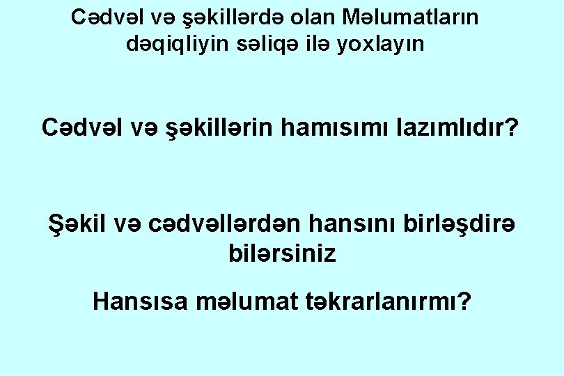 Cədvəl və şəkillərdə olan Məlumatların dəqiqliyin səliqə ilə yoxlayın Cədvəl və şəkillərin hamısımı lazımlıdır?