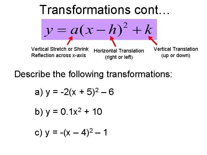 Transformations cont… Vertical Stretch or Shrink Reflection across x-axis Horizontal Translation (right or left)