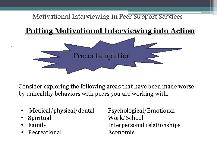 Motivational Interviewing in Peer Support Services Putting Motivational Interviewing into Action. Precontemplation Consider exploring