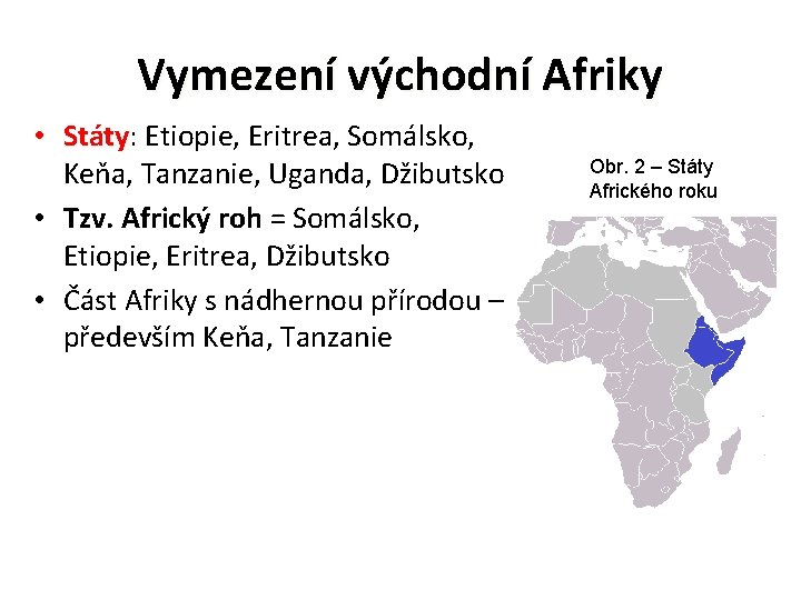 Vymezení východní Afriky • Státy: Státy Etiopie, Eritrea, Somálsko, Keňa, Tanzanie, Uganda, Džibutsko •