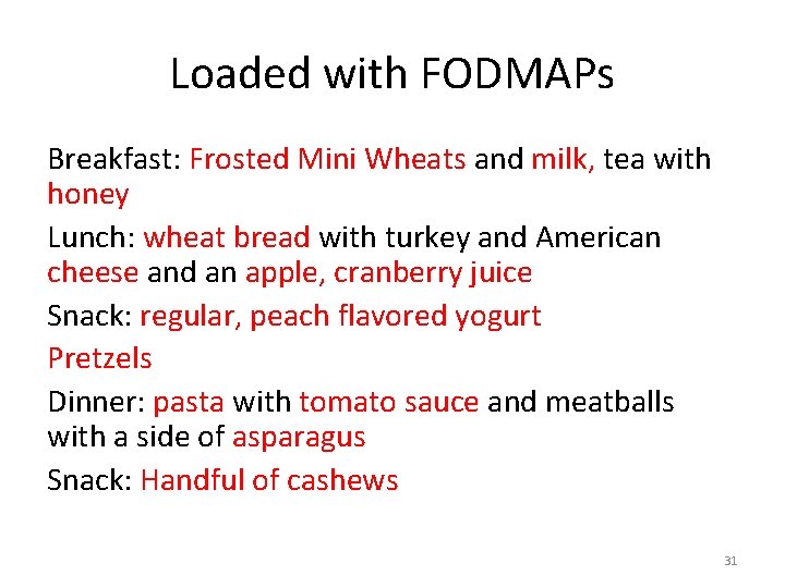 Loaded with FODMAPs Breakfast: Frosted Mini Wheats and milk, tea with honey Lunch: wheat