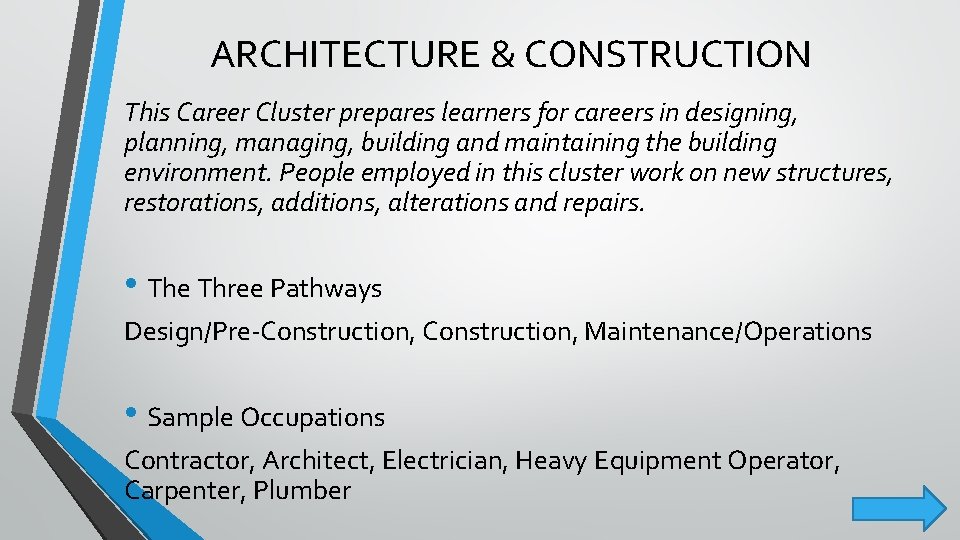 ARCHITECTURE & CONSTRUCTION This Career Cluster prepares learners for careers in designing, planning, managing,