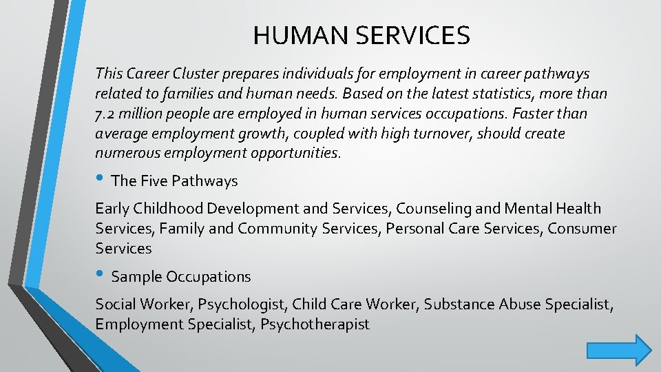 HUMAN SERVICES This Career Cluster prepares individuals for employment in career pathways related to