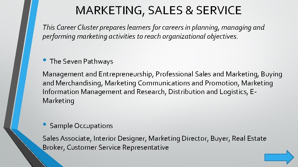 MARKETING, SALES & SERVICE This Career Cluster prepares learners for careers in planning, managing