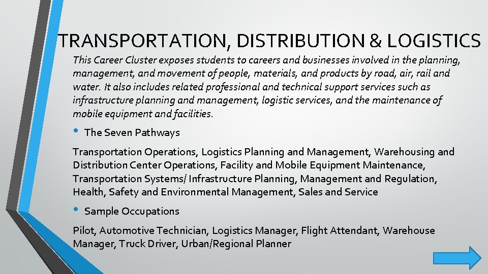 TRANSPORTATION, DISTRIBUTION & LOGISTICS This Career Cluster exposes students to careers and businesses involved