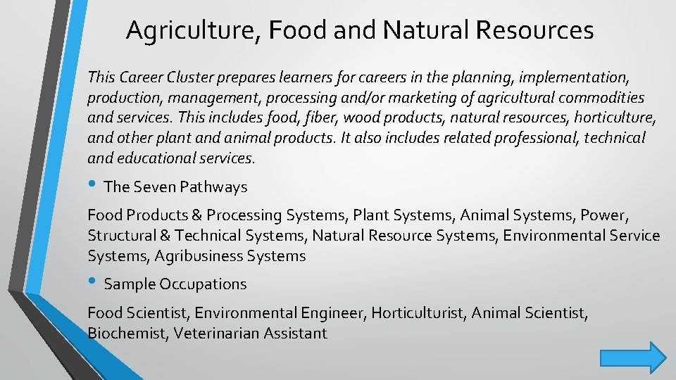 Agriculture, Food and Natural Resources This Career Cluster prepares learners for careers in the Agriculture, Food and Natural Resources This Career Cluster prepares learners for careers in the