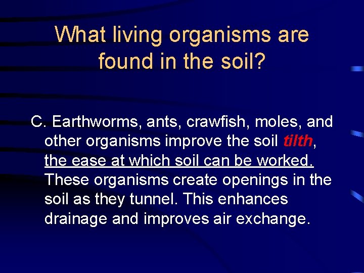 What living organisms are found in the soil? C. Earthworms, ants, crawfish, moles, and