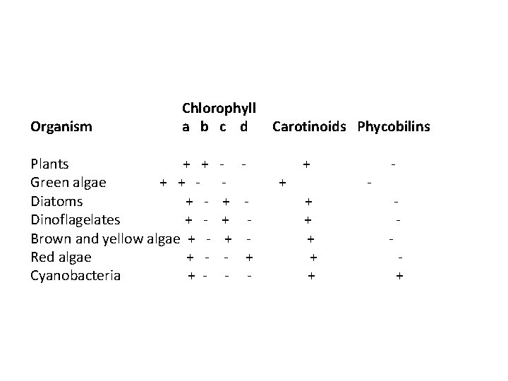 Organism Chlorophyll a b c d Carotinoids Phycobilins Plants + + - - +