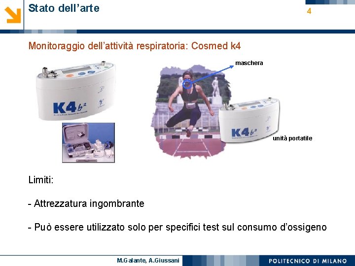 Stato dell’arte 4 Monitoraggio dell’attività respiratoria: Cosmed k 4 maschera unità portatile • Limiti: