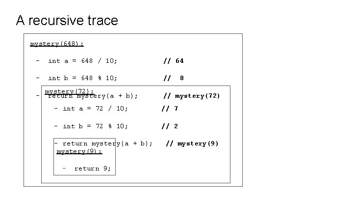 A recursive trace mystery(648): - int a = 648 / 10; // 64 -