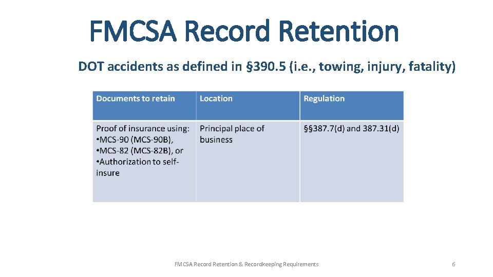 FMCSA Record Retention DOT accidents as defined in § 390. 5 (i. e. ,