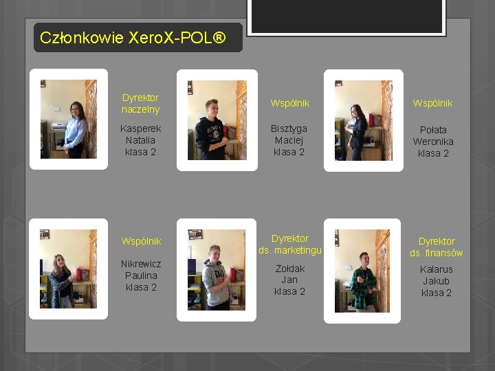 Członkowie Xero. X-POL® Dyrektor naczelny Wspólnik Kasperek Natalia klasa 2 Bisztyga Maciej klasa 2