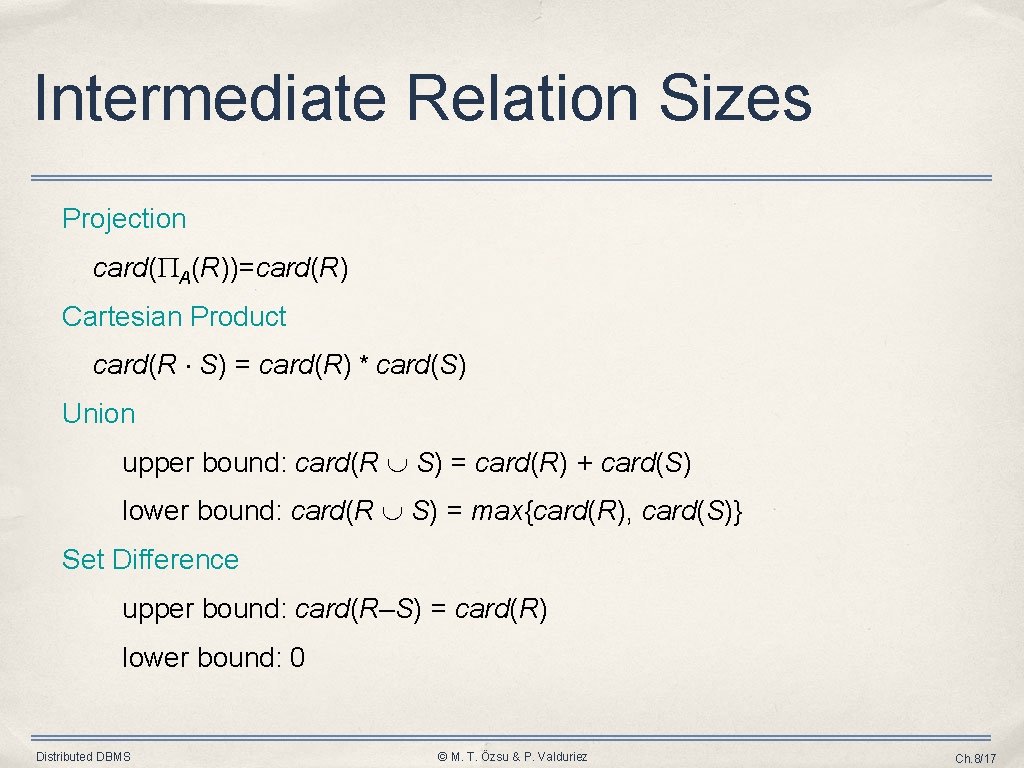 Intermediate Relation Sizes Projection card( A(R))=card(R) Cartesian Product card(R × S) = card(R) *