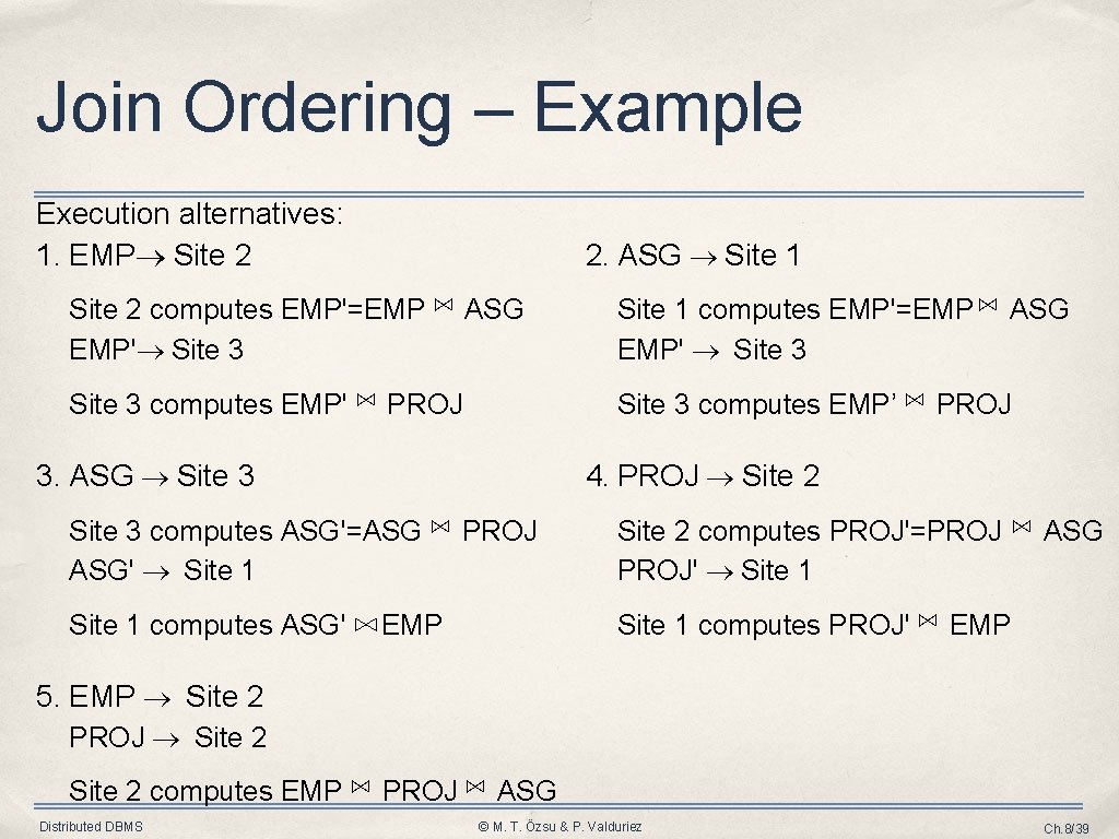 Join Ordering – Example Execution alternatives: 1. EMP Site 2 2. ASG Site 1
