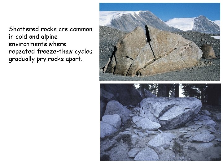 Shattered rocks are common in cold and alpine environments where repeated freeze-thaw cycles gradually