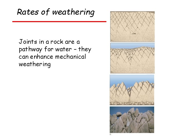 Rates of weathering Joints in a rock are a pathway for water – they