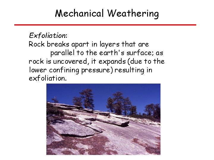 Mechanical Weathering Exfoliation: Rock breaks apart in layers that are parallel to the earth's