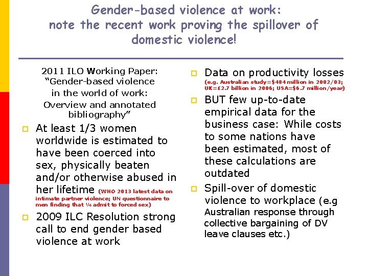 Gender-based violence at work: note the recent work proving the spillover of domestic violence!