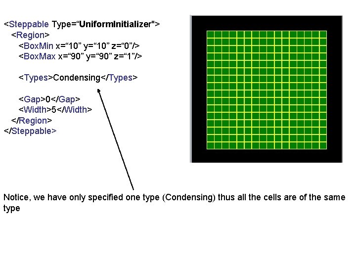 <Steppable Type=“Uniform. Initializer"> <Region> <Box. Min x=“ 10” y=“ 10” z=“ 0”/> <Box. Max