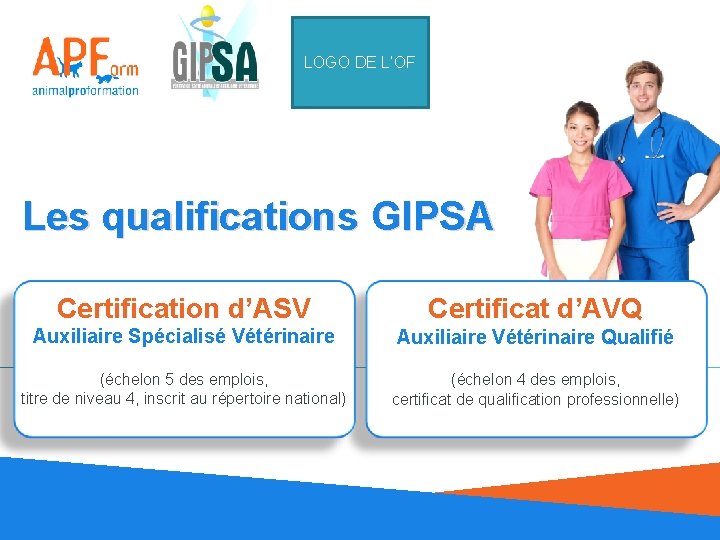 LOGO DE L’OF Les qualifications GIPSA Certification d’ASV Certificat d’AVQ Auxiliaire Spécialisé Vétérinaire Auxiliaire