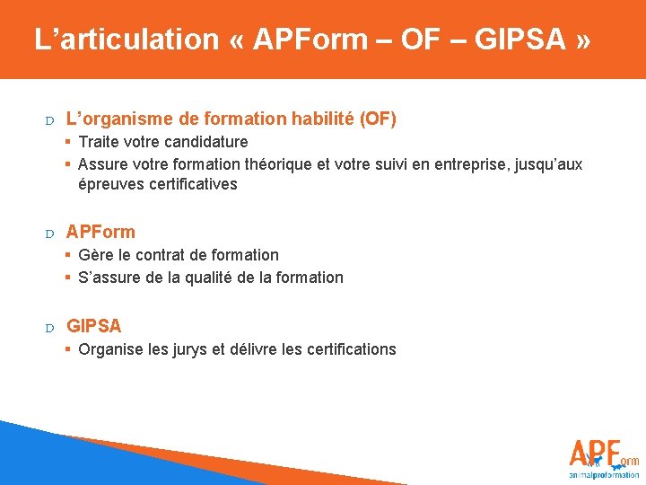 L’articulation « APForm – OF – GIPSA » D L’organisme de formation habilité (OF)