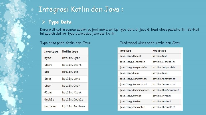 Integrasi Kotlin dan Java : Ø Type Data Karena di kotlin semua adalah object