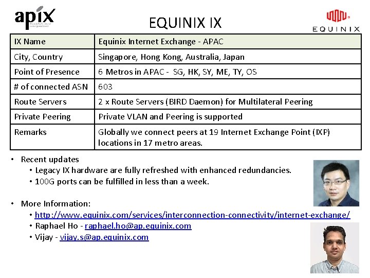 EQUINIX IX IX Name Equinix Internet Exchange - APAC City, Country Singapore, Hong Kong,