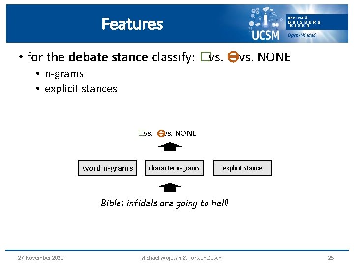 Features ⊖ • for the debate stance classify: � vs. NONE • n-grams •