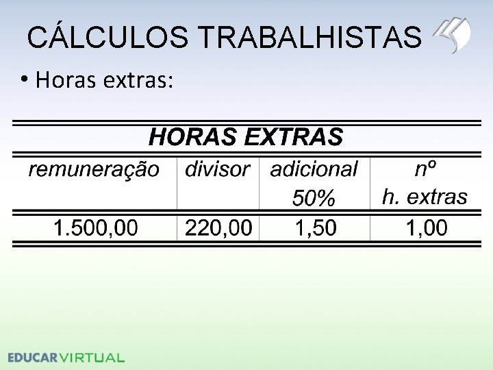 CÁLCULOS TRABALHISTAS • Horas extras: 