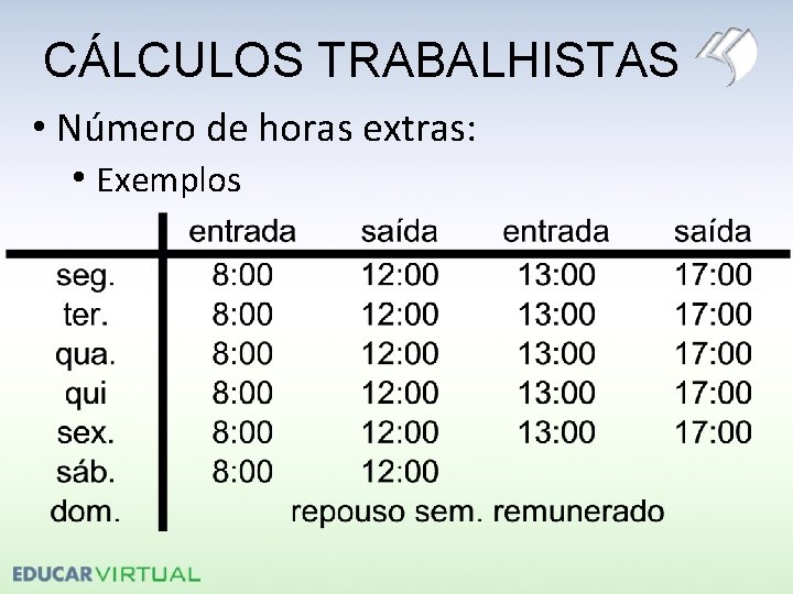 CÁLCULOS TRABALHISTAS • Número de horas extras: • Exemplos 