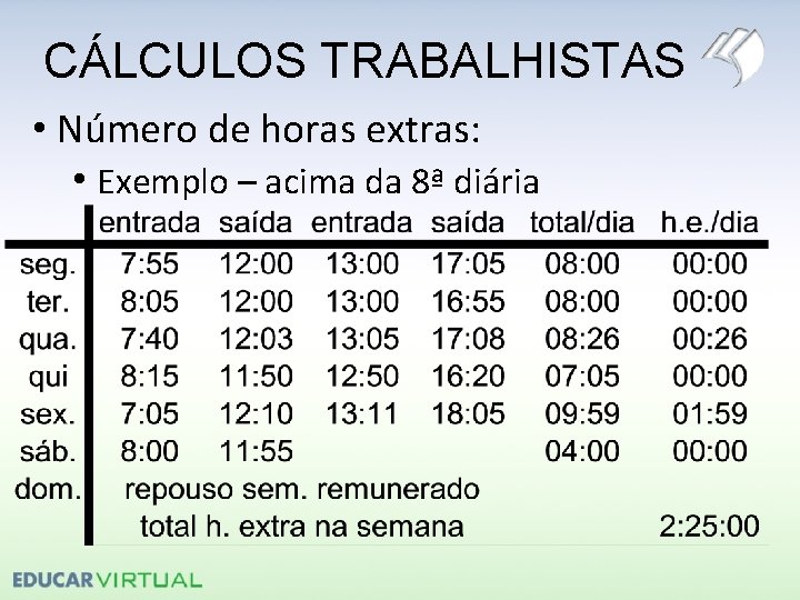 CÁLCULOS TRABALHISTAS • Número de horas extras: • Exemplo – acima da 8ª diária