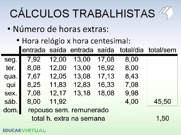 CÁLCULOS TRABALHISTAS • Número de horas extras: • Hora relógio x hora centesimal: 