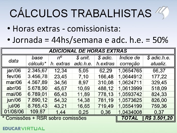 CÁLCULOS TRABALHISTAS • Horas extras - comissionista: • Jornada = 44 hs/semana e adc.