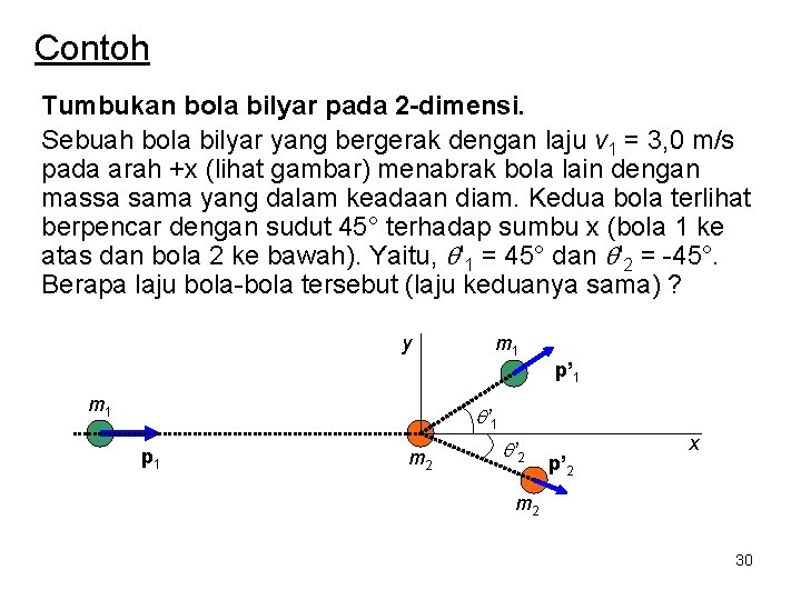 Contoh Tumbukan bola bilyar pada 2 -dimensi. Sebuah bola bilyar yang bergerak dengan laju