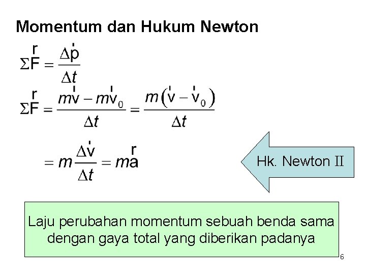 Momentum dan Hukum Newton Hk. Newton II Laju perubahan momentum sebuah benda sama dengan