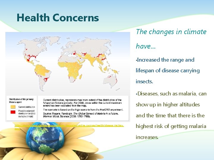 Health Concerns The changes in climate have… • Increased the range and lifespan of