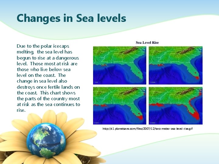 Changes in Sea levels Due to the polar icecaps melting, the sea level has