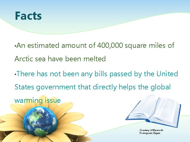 Facts • An estimated amount of 400, 000 square miles of Arctic sea have