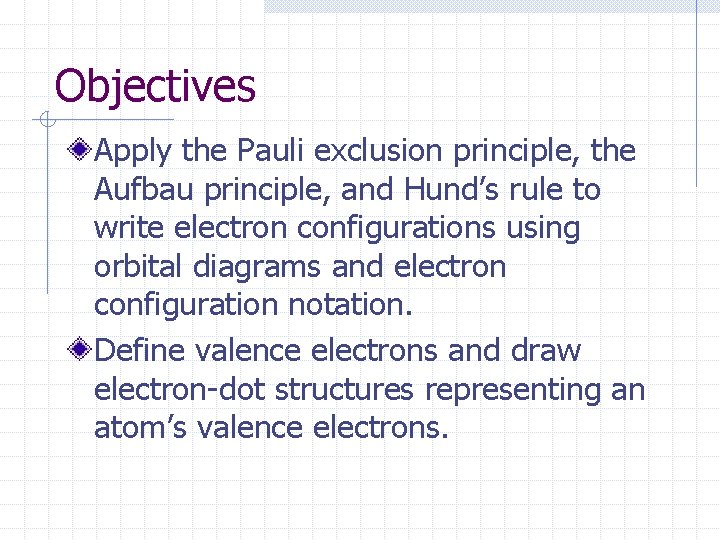 Objectives Apply the Pauli exclusion principle, the Aufbau principle, and Hund’s rule to write